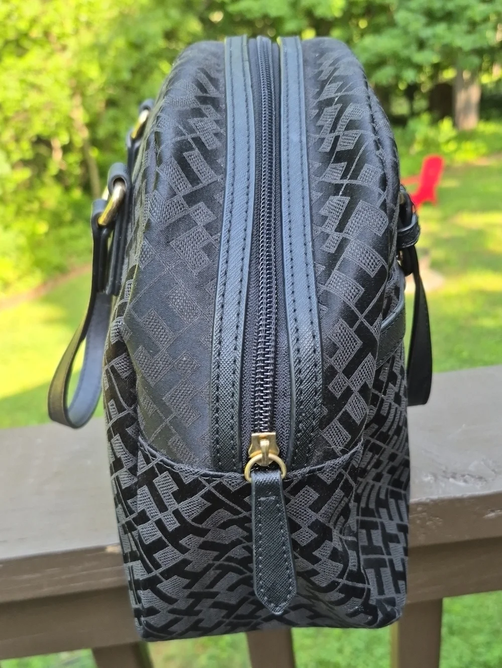 Tommy Hilfiger Black monogram jacquard signature pattern Dome Satchel bag